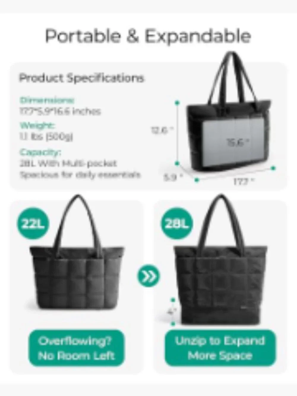 Expandable Puffer Tote Bag Women Work Travel Gym Laptop